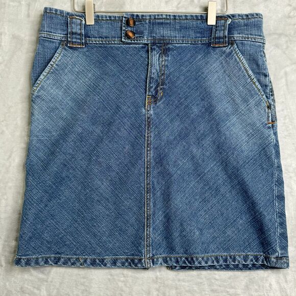 Vintage Y2K GAP Jeans Stretch Skirt Womens 14 Blue Pencil Pockets Double Button - Picture 1 of 13